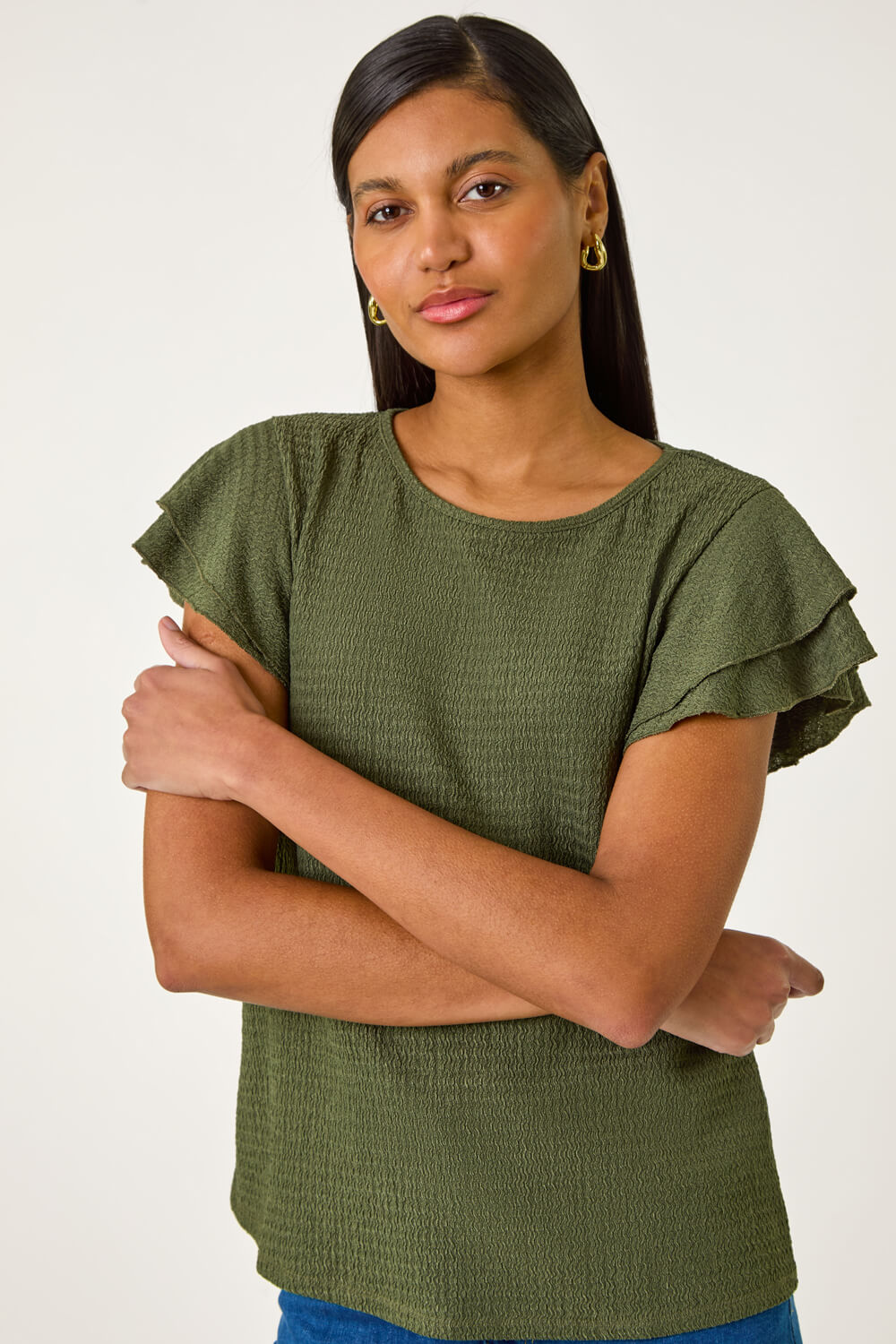 Khaki Textured Frill Sleeve T-Shirt, Image 5 of 5