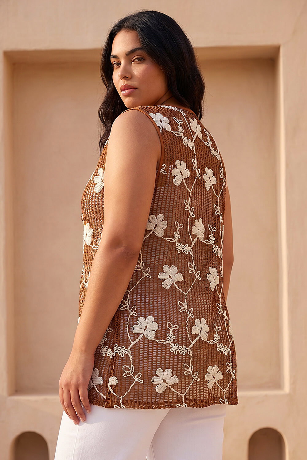 Chocolate Curve Textured Tie Front Waistcoat, Image 4 of 4