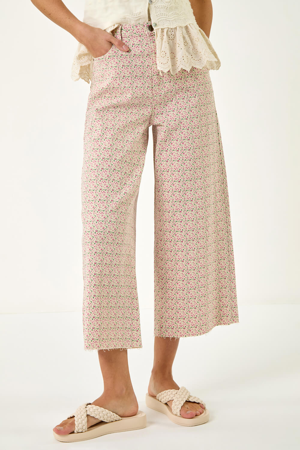 Light Pink Floral Print Frayed Edge Ankle Jean, Image 6 of 6
