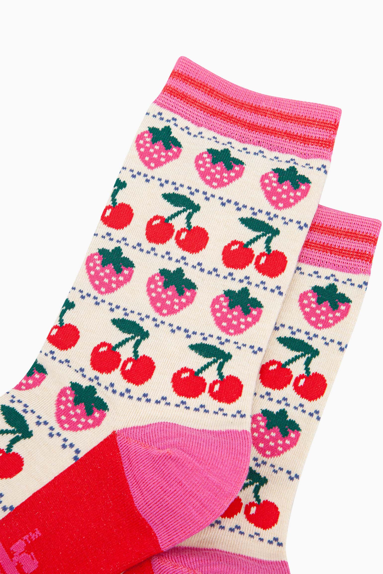 Cream Fair Isle Strawberry Cherry Bamboo Socks, Image 3 of 4