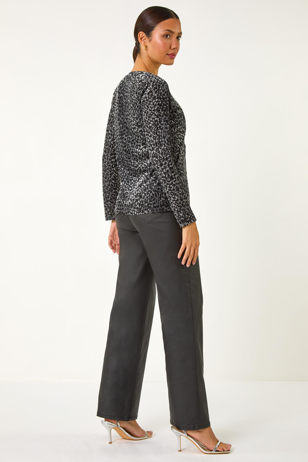 Grey Front Tie Velvet Animal Print Burnout Top, Image 4 of 7