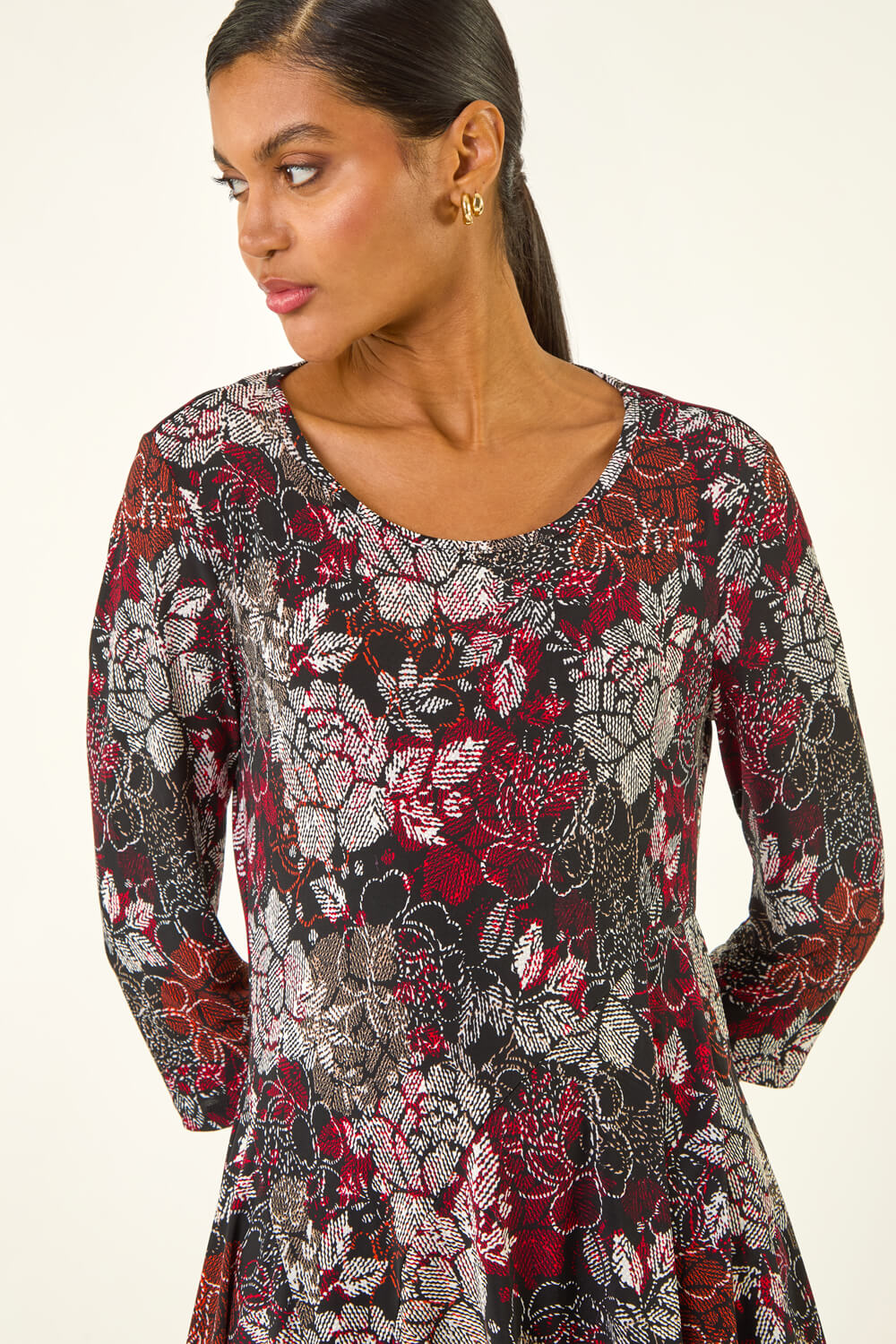 Red Floral Puff Print Hanky Hem Top, Image 1 of 5