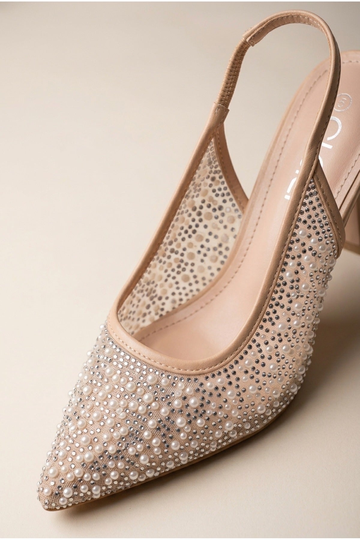 Beige Cordelia Embellished Mesh Pointed Toe Heels, Image 2 of 5