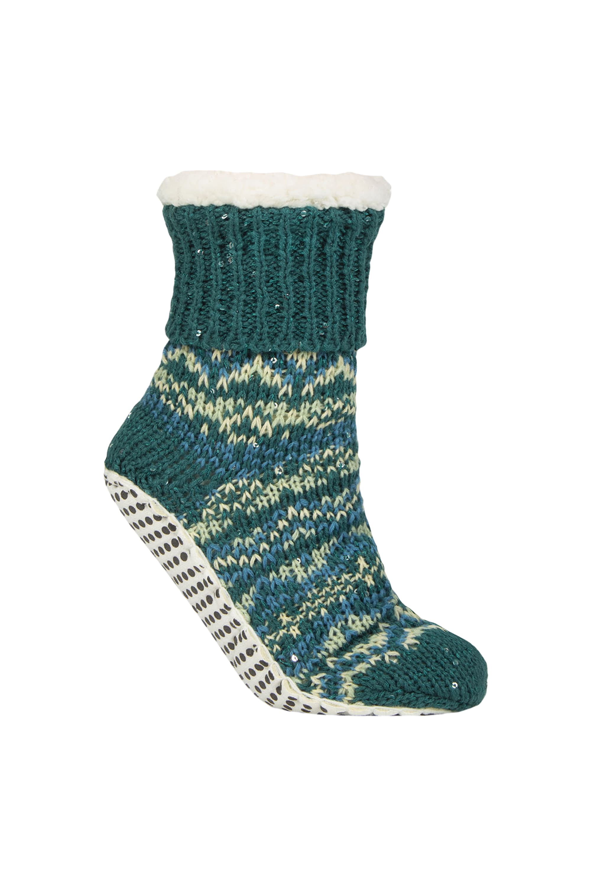 Turqouise Fair Isle Moccasin Grip Slipper Socks, Image 1 of 3