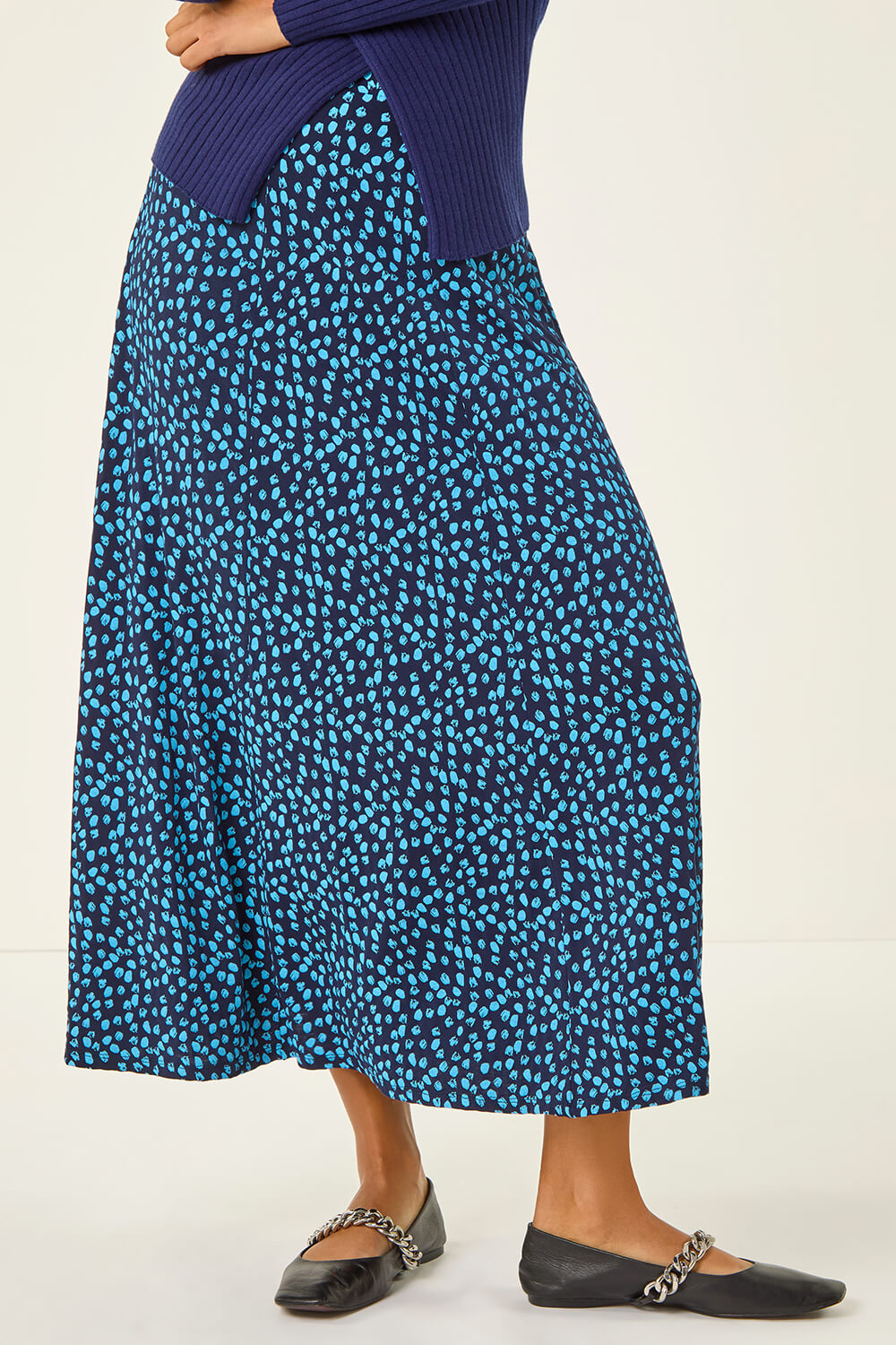 Mid Navy Linear Spot Stretch Midi Skirt, Image 3 of 5