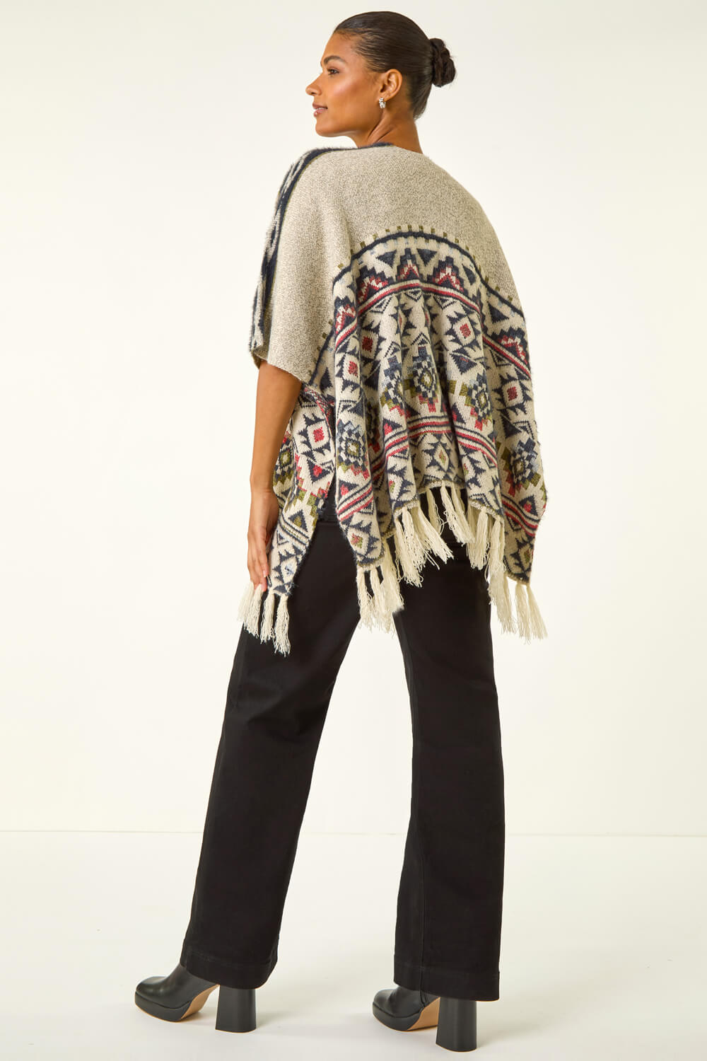 Natural Jacquard Tassel Trim Poncho, Image 1 of 5