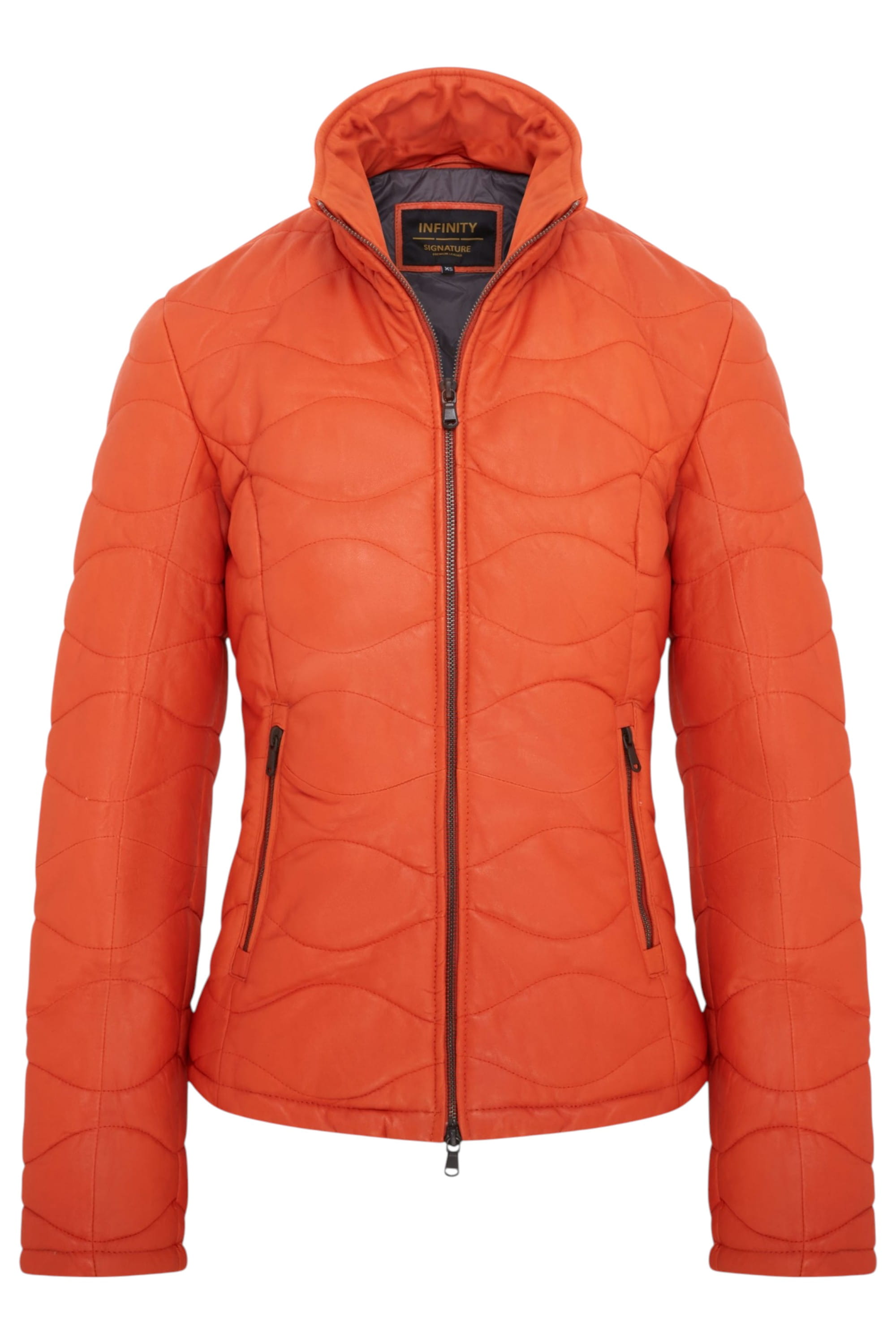 Orange Infinity Leather Orange Puffer Quilted Bomber Leather Jacket, Image 1 of 7
