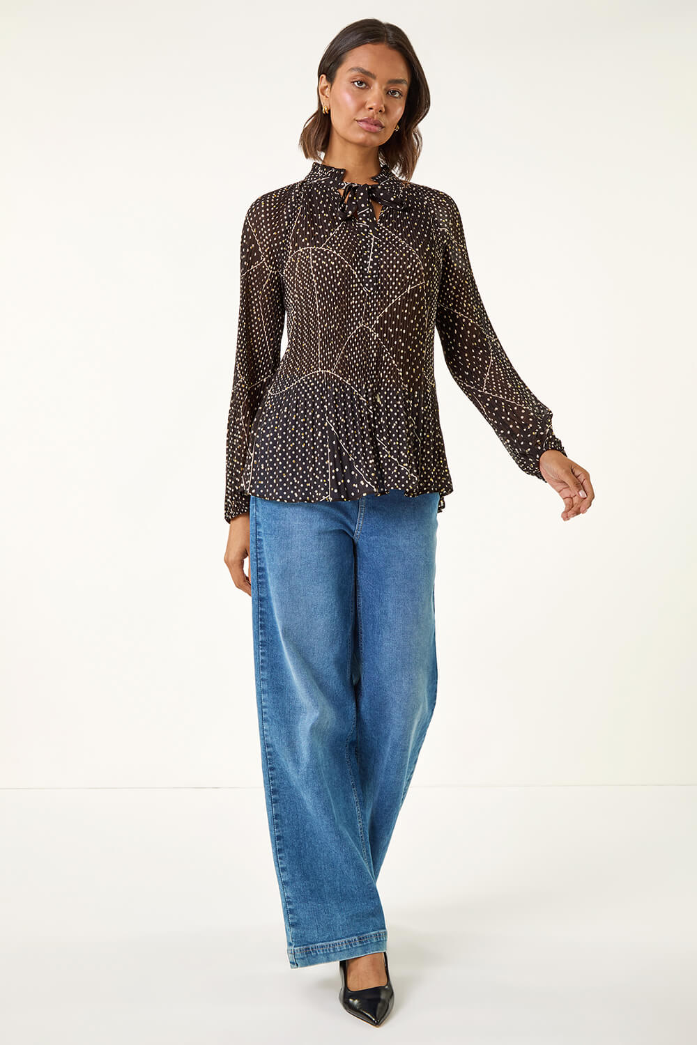 Black Spot Print Tie Neck Pleated Top, Image 3 of 5