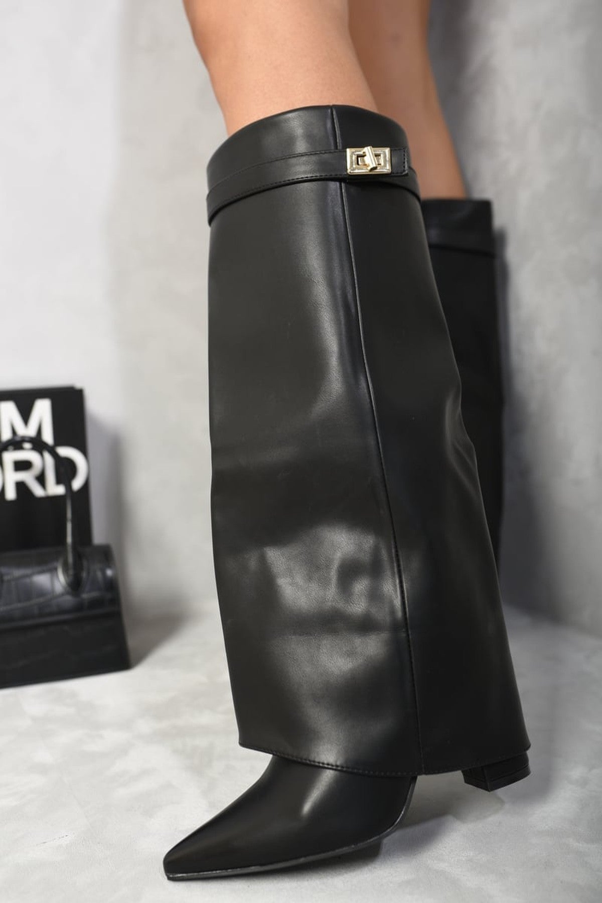 Black Myla Skirted Fold Over Buckle Pointed Toe High Boots, Image 3 of 5