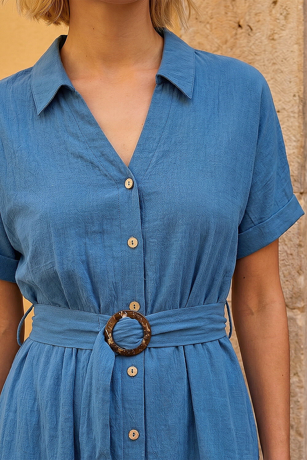 Blue Linen Look Belted Shirt Dress, Image 5 of 4