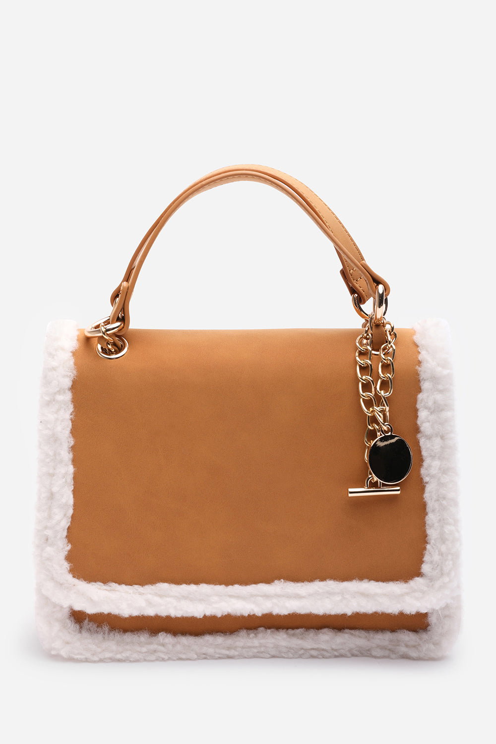 Tan Freesia Top Handle Satchel Borg Trim Tote Bag, Image 1 of 8
