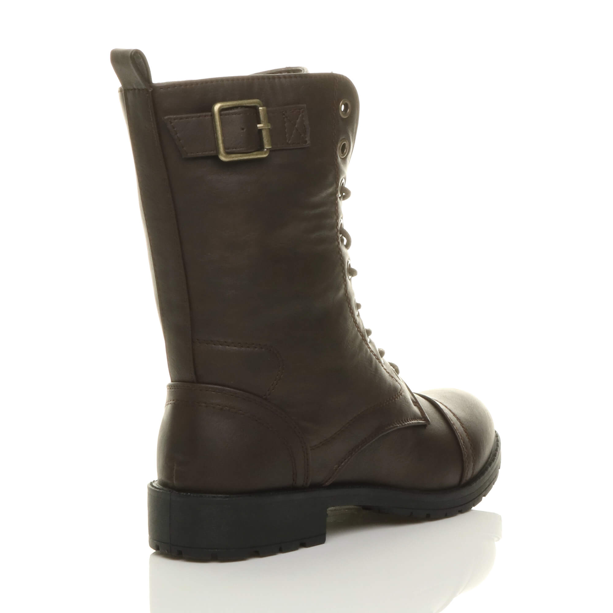 Brown Lace Up Buckles Military Biker Ankle Boots, Image 4 of 5