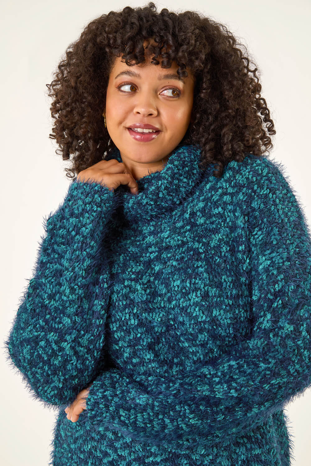 Teal Curve Fluffy Roll Neck Knit Jumper, Image 3 of 6