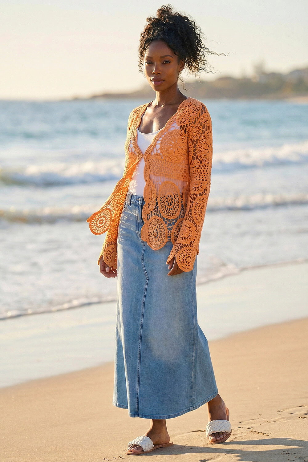 Roman Women's Orange Crochet Knit Cardigan Small