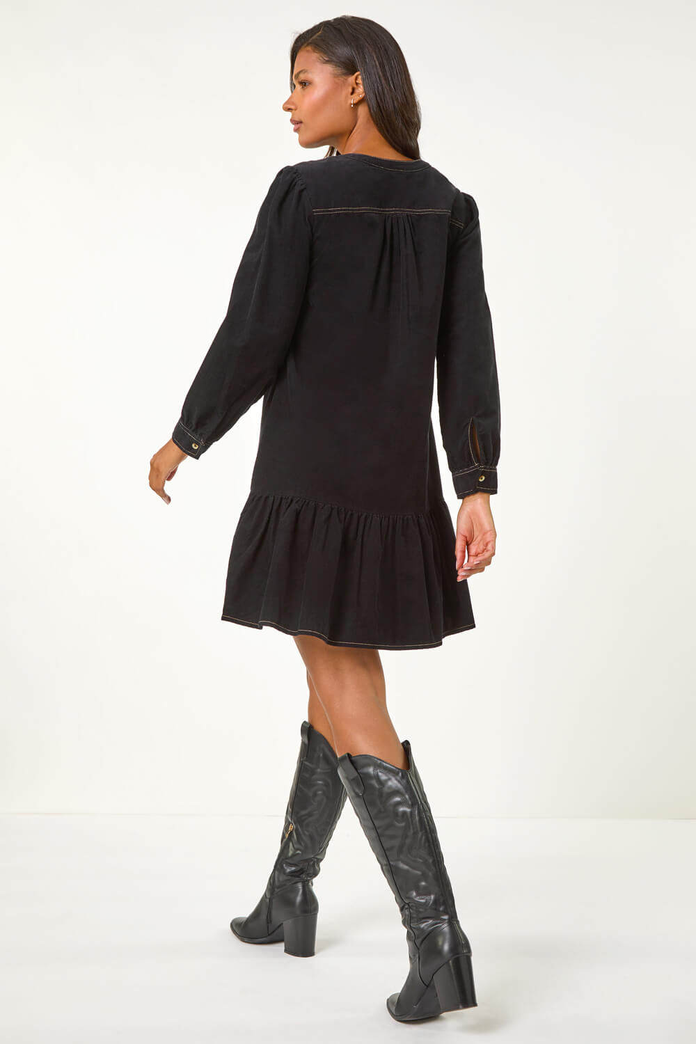 Black Corduroy Button Detail A-Line Dress, Image 4 of 5