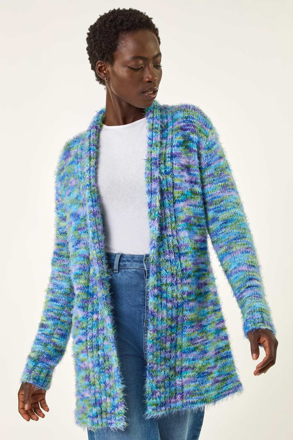 Blue Multi Fluffy Eyelash Knit Cardigan, Image 5 of 5