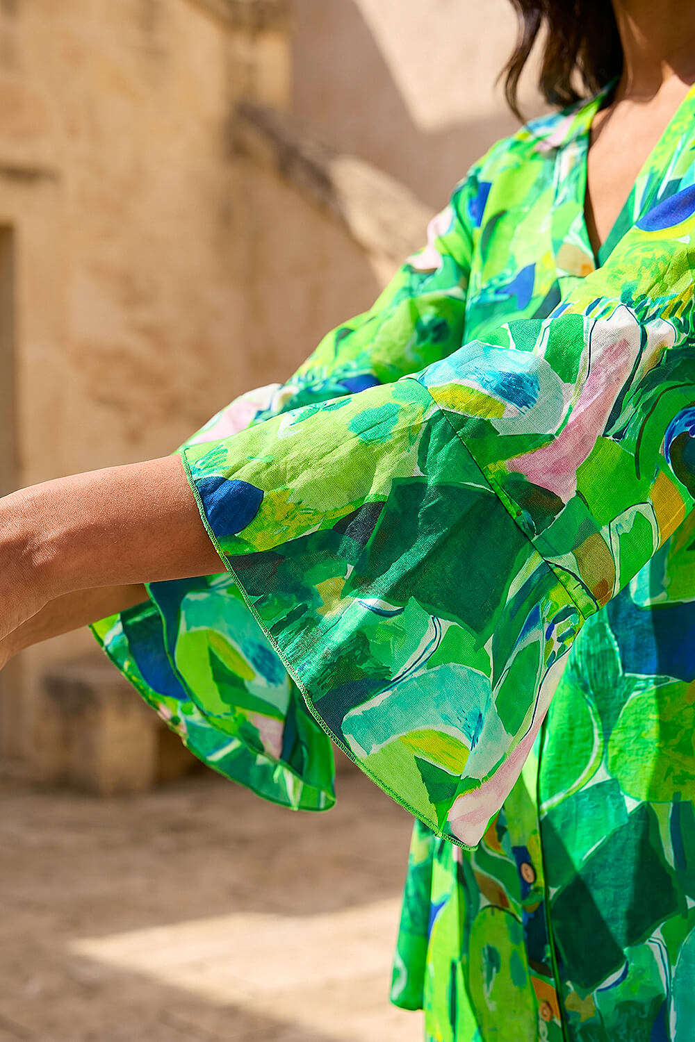 Green Abstract Print Flared Blouse, Image 5 of 4