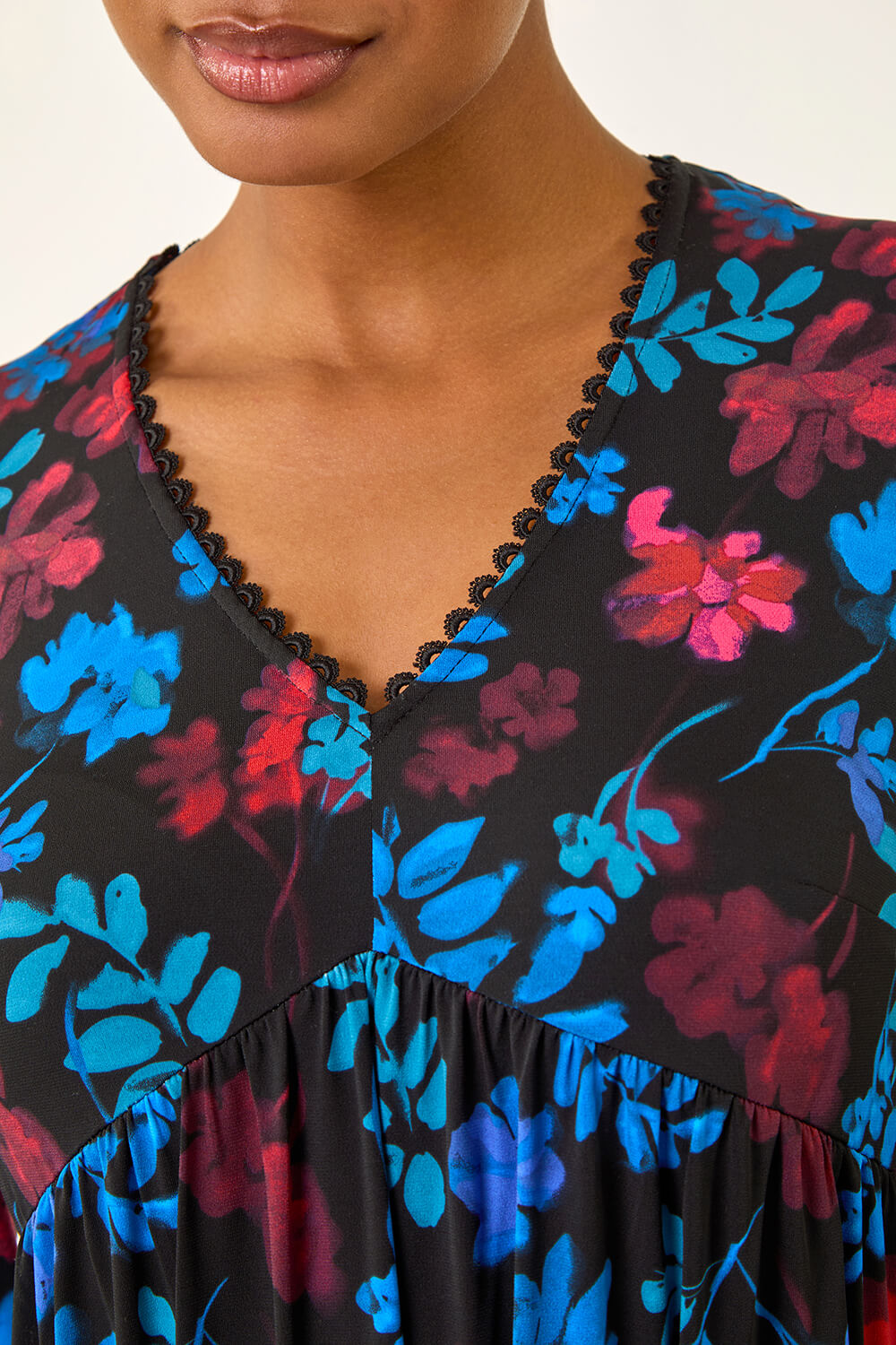 Blue Floral Print Lace Trim Midi Dress, Image 6 of 5
