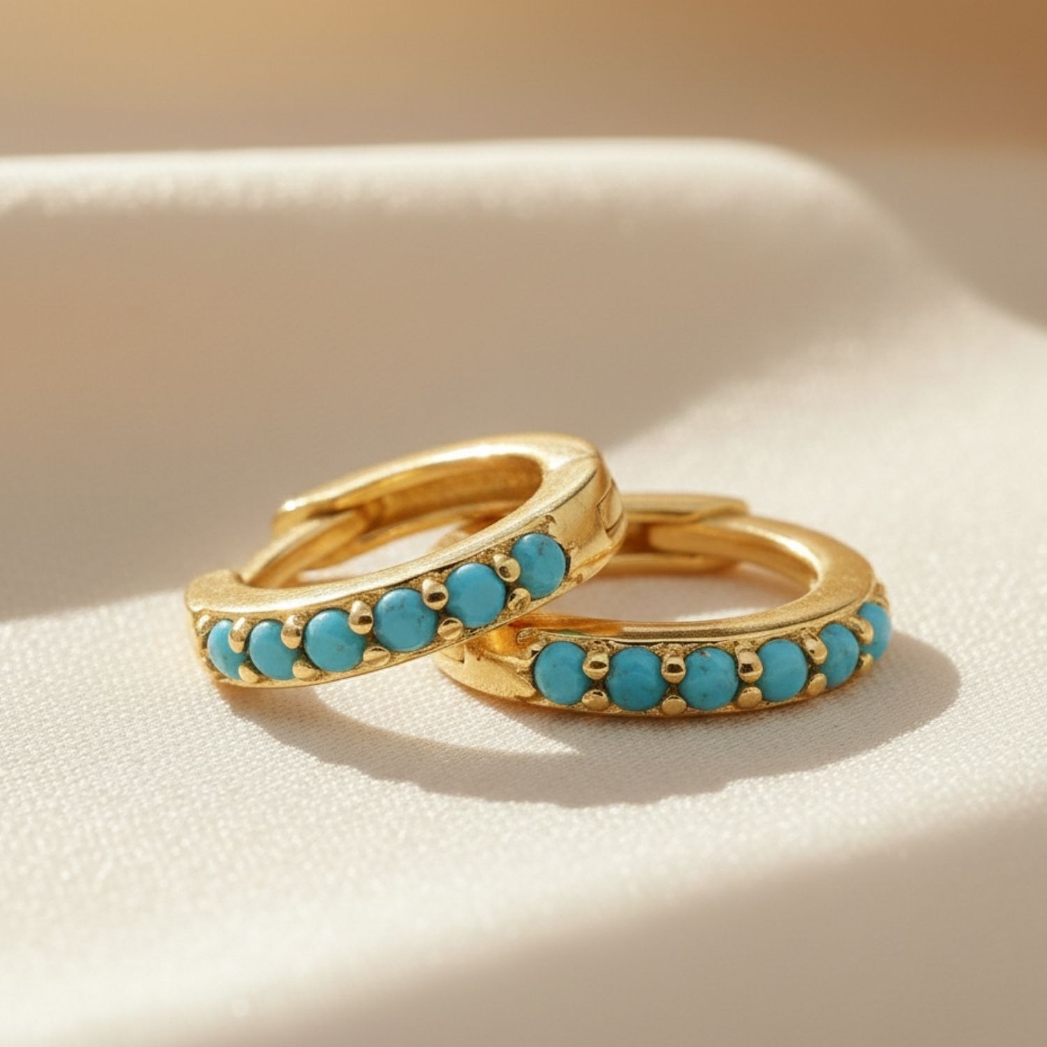 Blue Turquoise December Birthstone Huggie Gold Plated Hoop Earrings