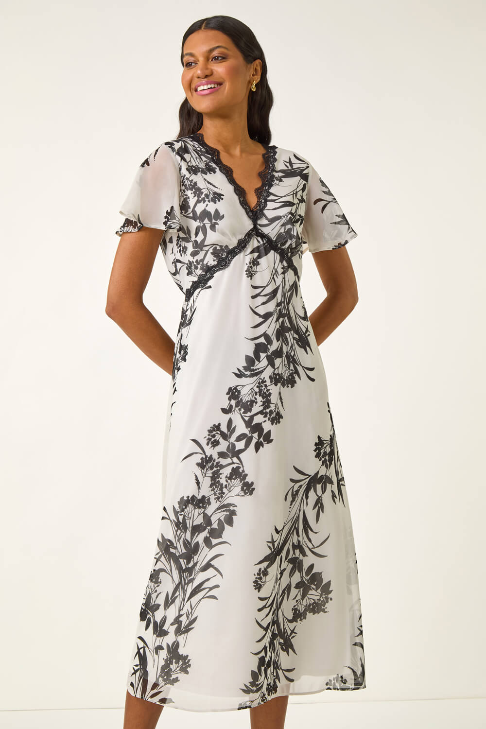 White Lace Trim V-Neck Chiffon Midi Dress, Image 3 of 5