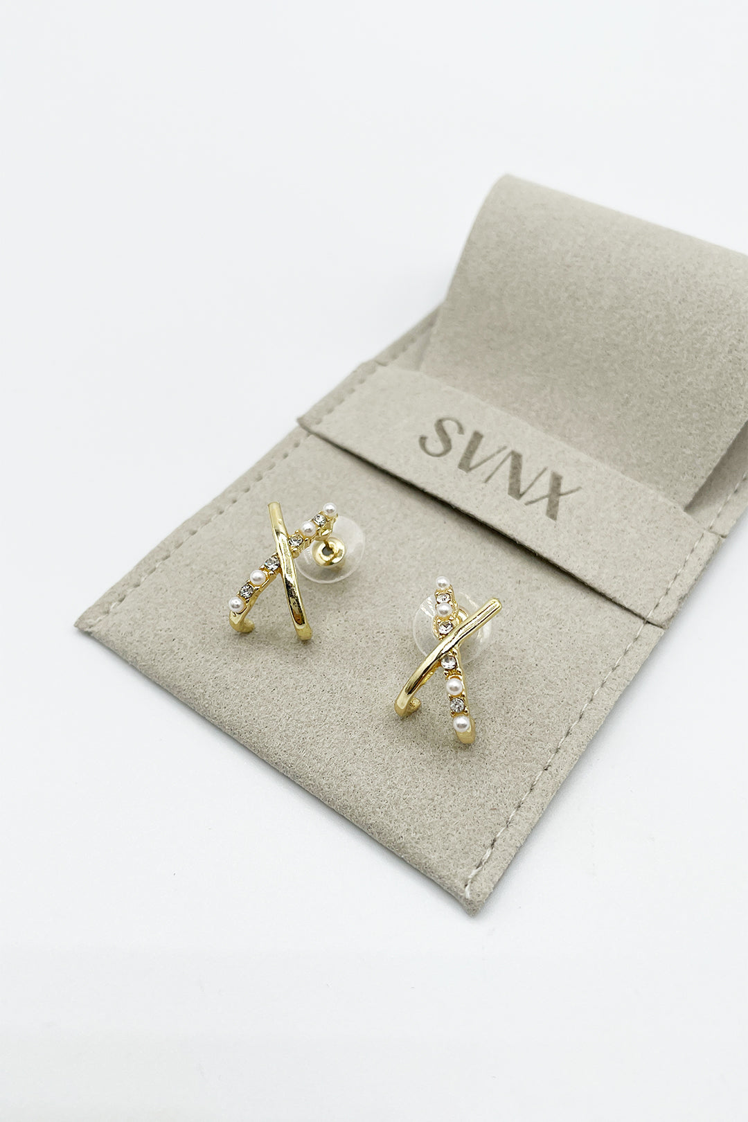 Gold Pearl & Crystal Cross Earrings, Image 1 of 3