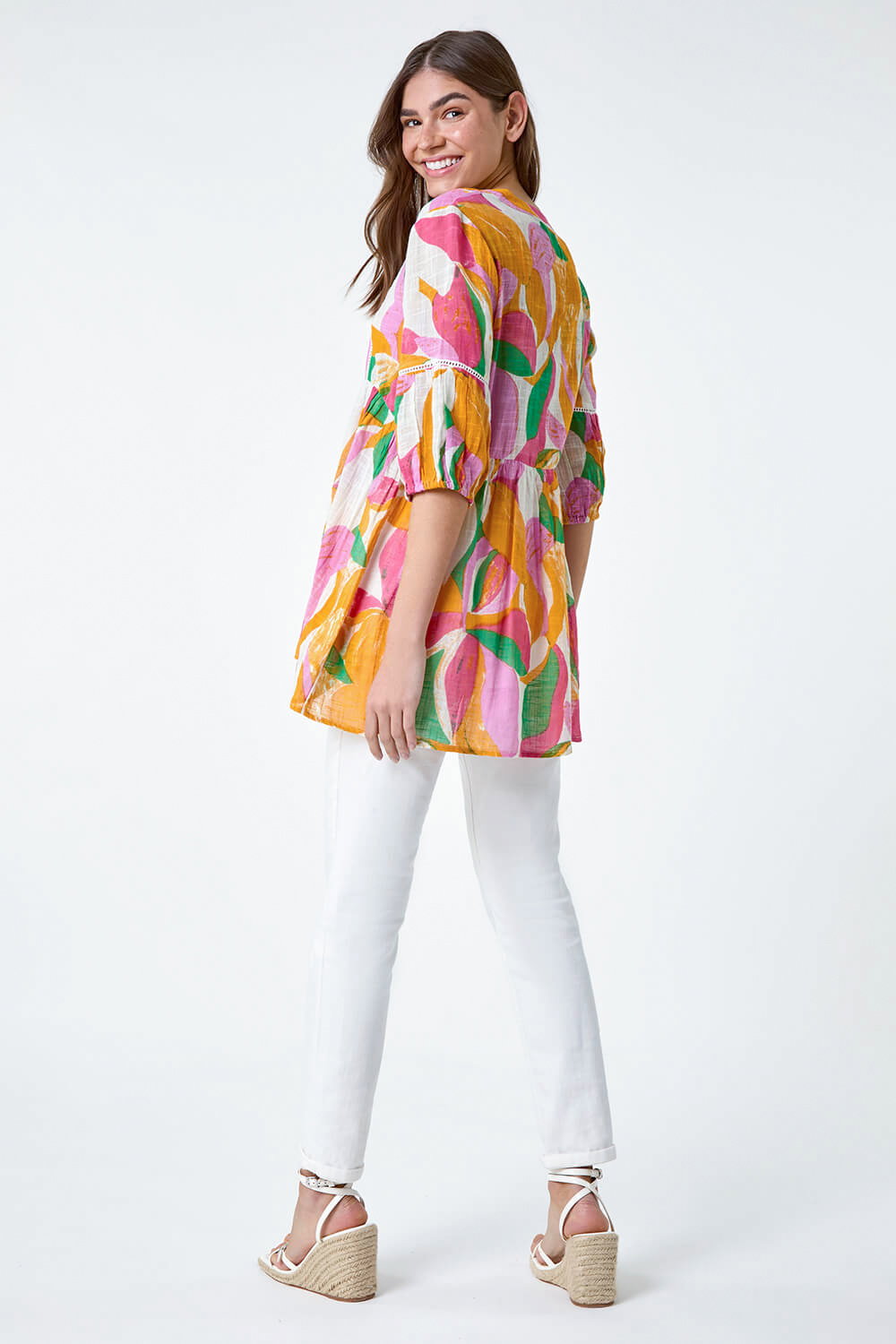 Orange Abstract Ladder Lace Cotton V-Neck Smock Top, Image 4 of 5