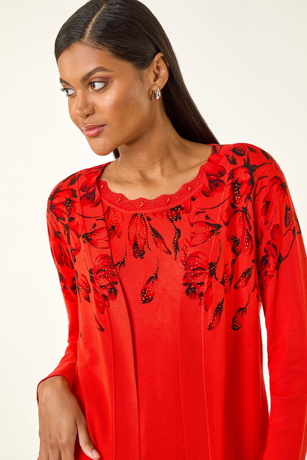 Red Floral Embellished Print Knit Set, Image 5 of 5