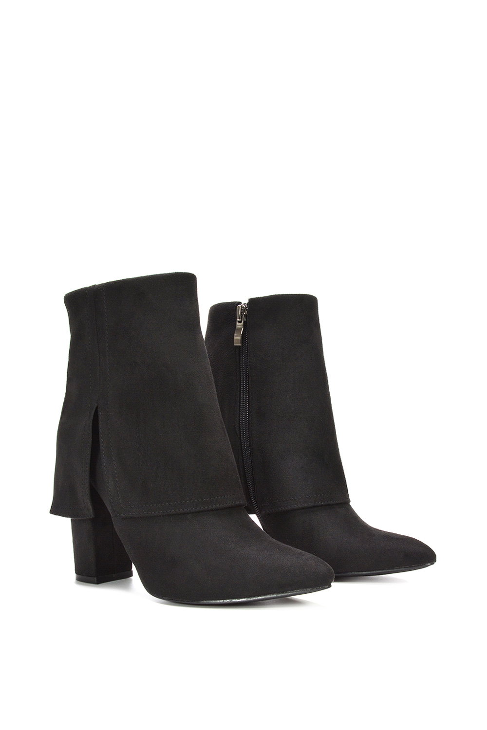 Black XY LONDON Black 'Ayla' Fold Over Ankle Boots Layered Point Toe Block Heel Booties, Image 3 of 6