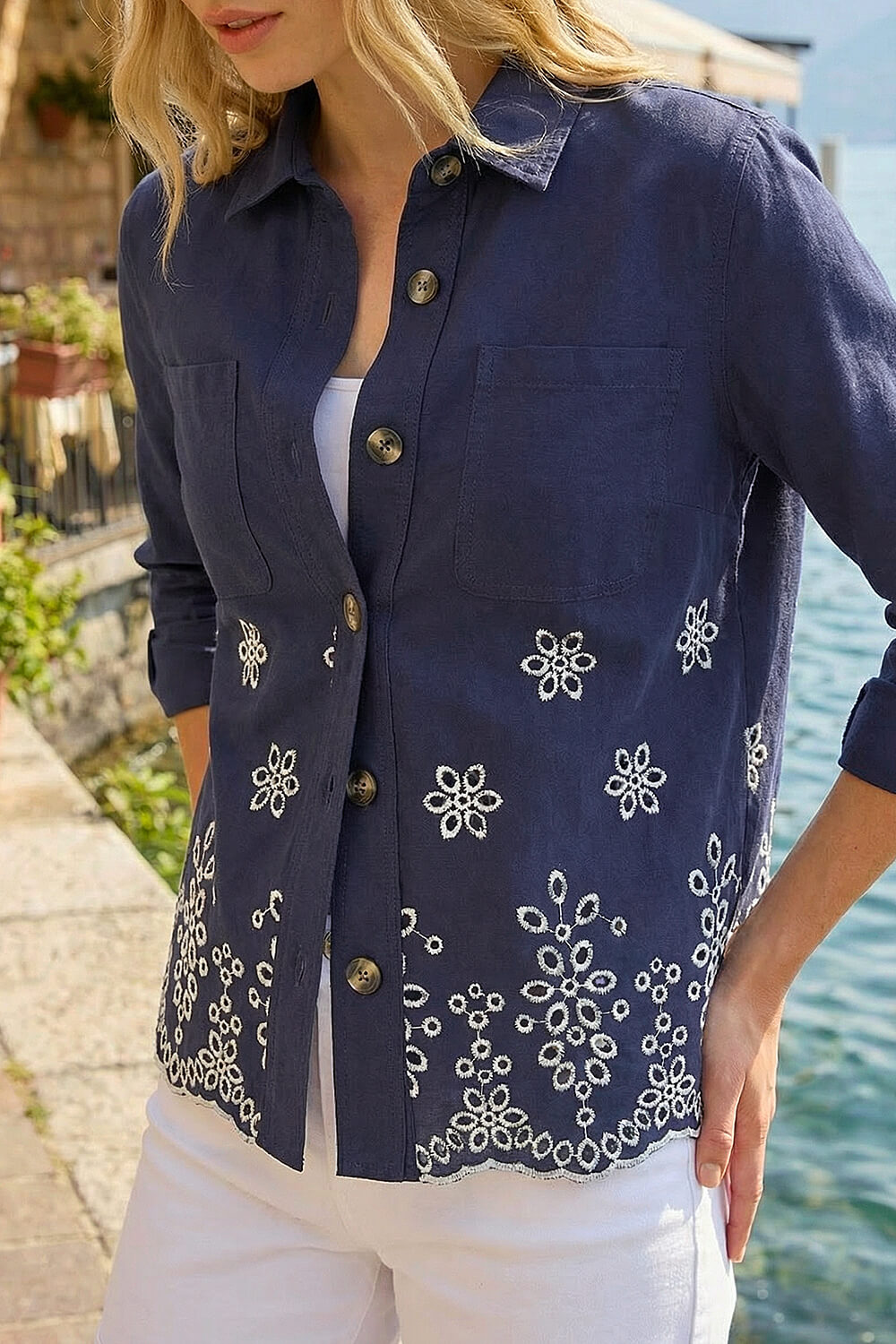 Navy Broderie Cotton Lace Jacket, Image 6 of 5