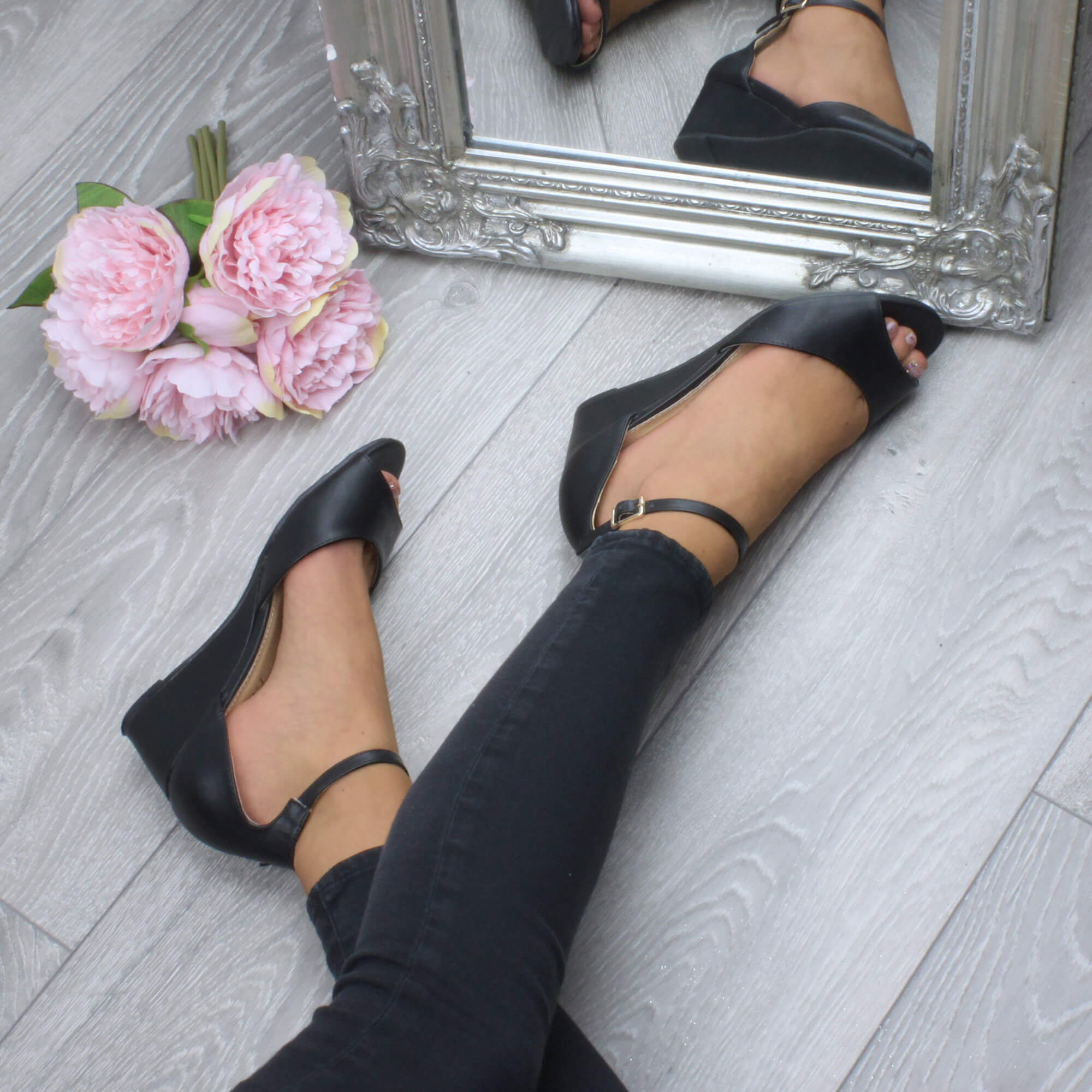 Black AJVANI Black Mid Wedge Heel Ankle Strap Sandals, Image 5 of 6