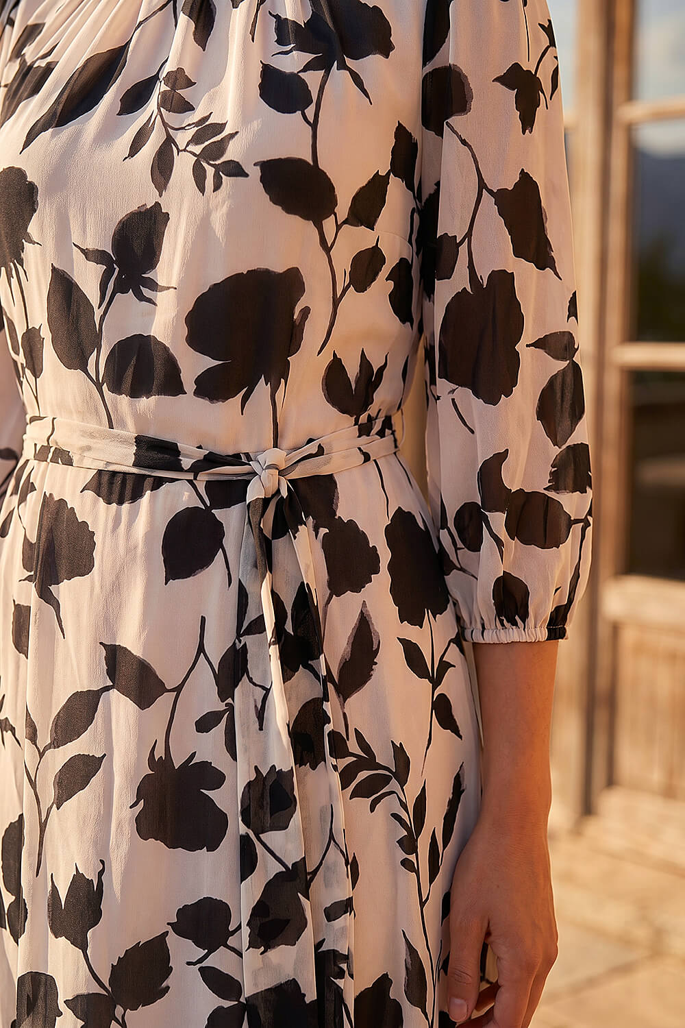 Cream Floral Pleated Midi Dress, Image 5 of 4