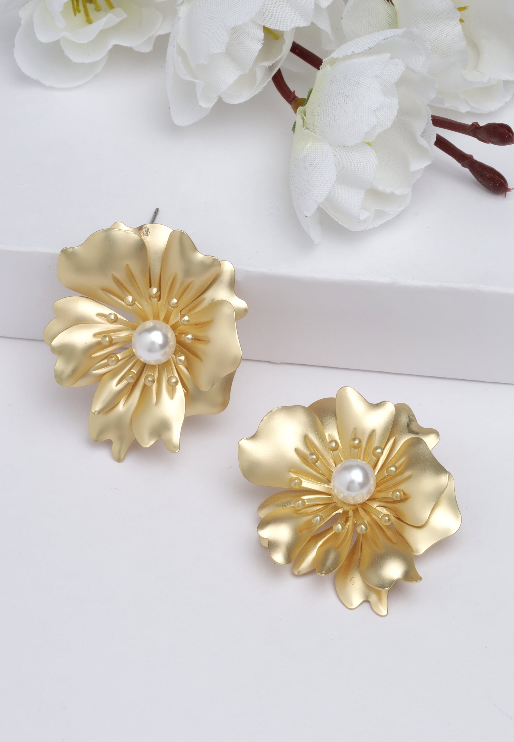 Gold Floral stud Earrings, Image 2 of 5
