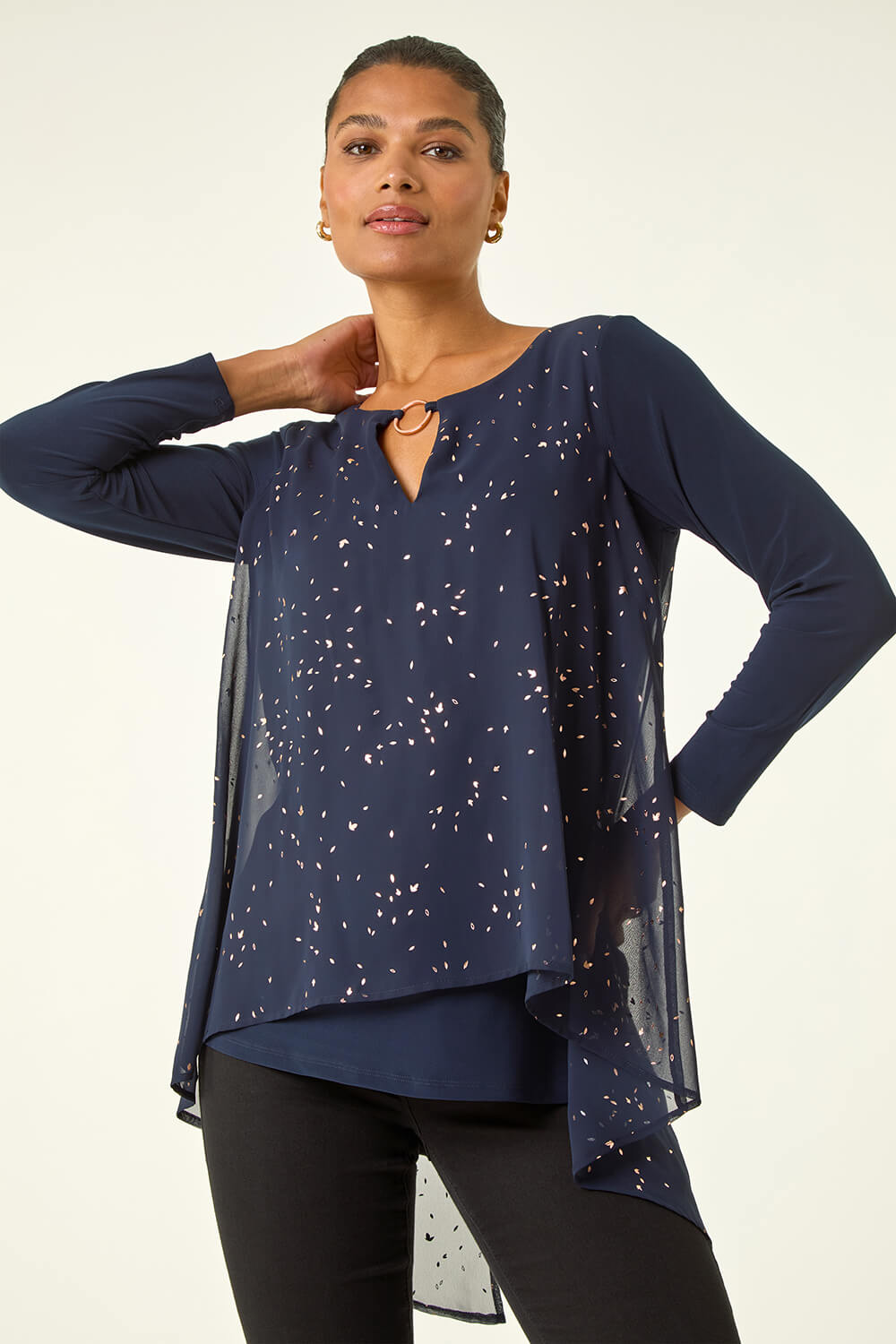 Navy Ring Front Foil Tunic Top | Roman UK