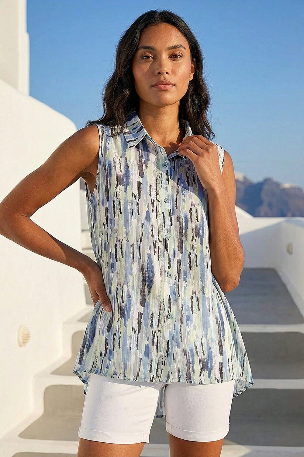 Blue Abstract Print Button Shirt, Image 1 of 4
