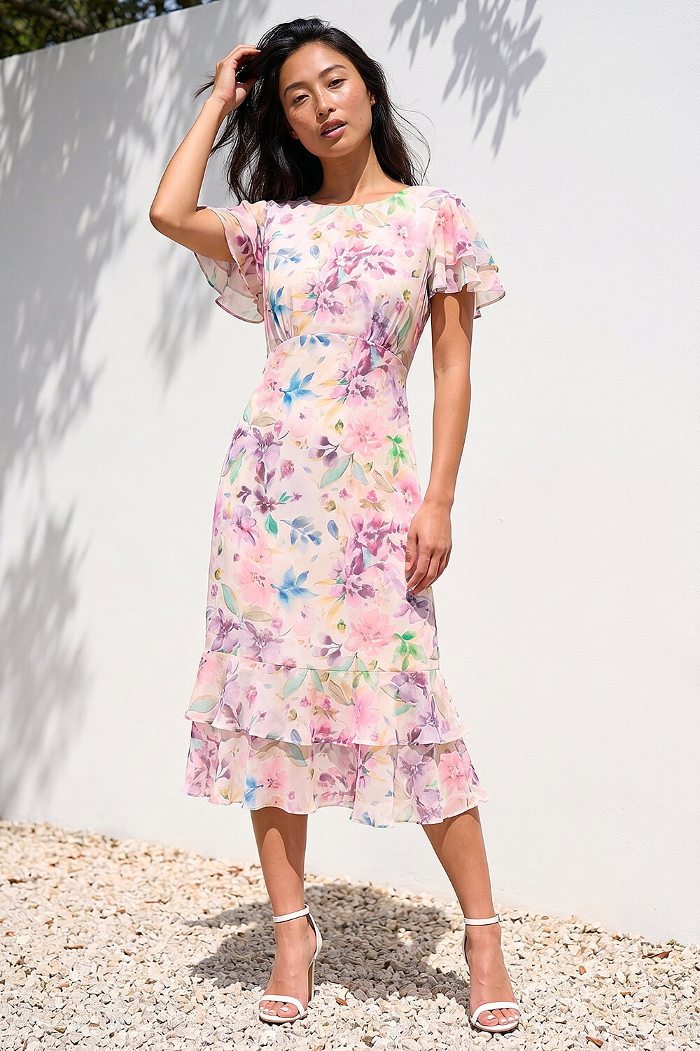 strapless open back dress Pink and red floral ruffle capped sleeve Midi dress with buttoned top and  kissing split skirt I ST. CLAIR main image 0