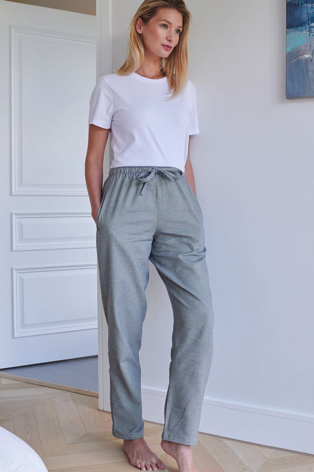 Pale Green "Orkney" Herringbone Brushed Cotton Pyjama Trousers, Image 1 of 2