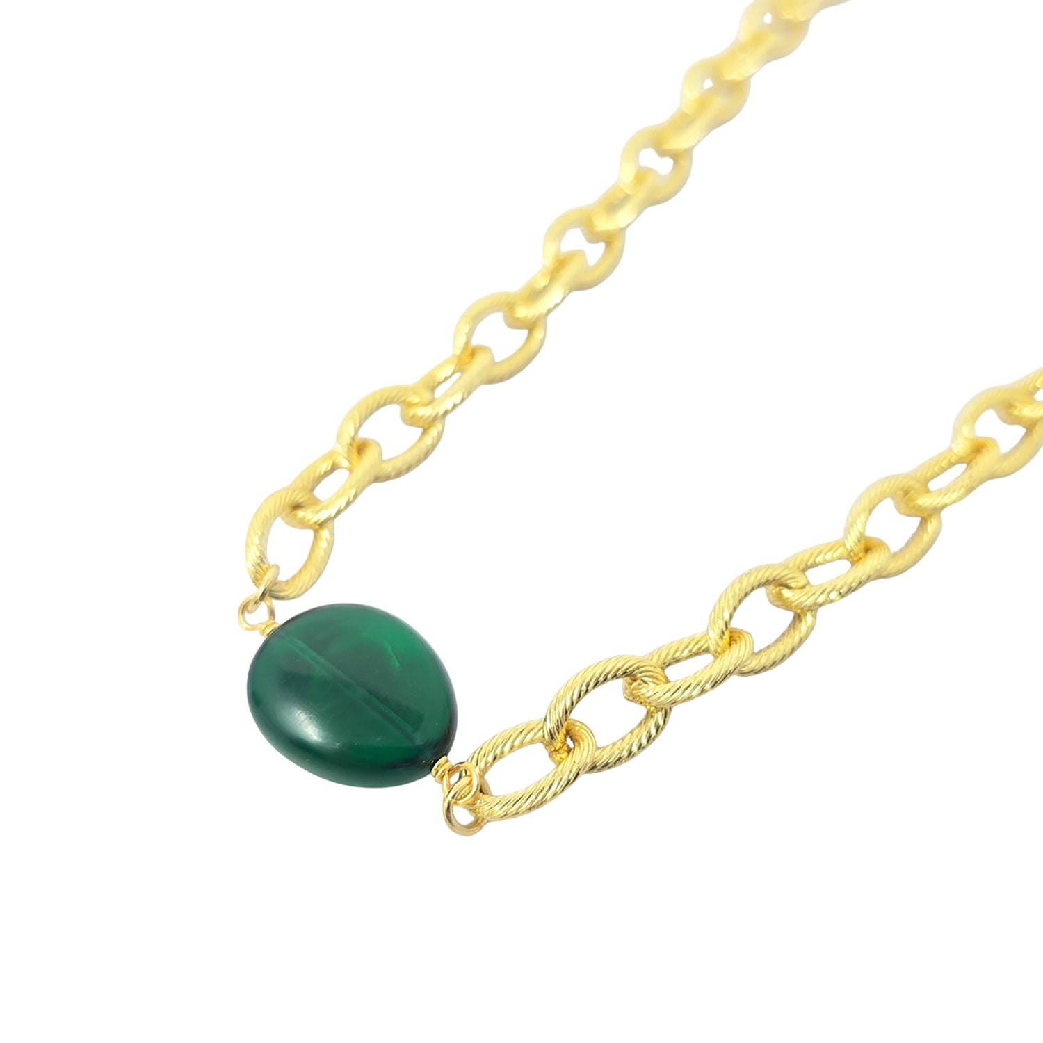 Green Statement Glass Emerald Paperclip Gold Plated Necklace