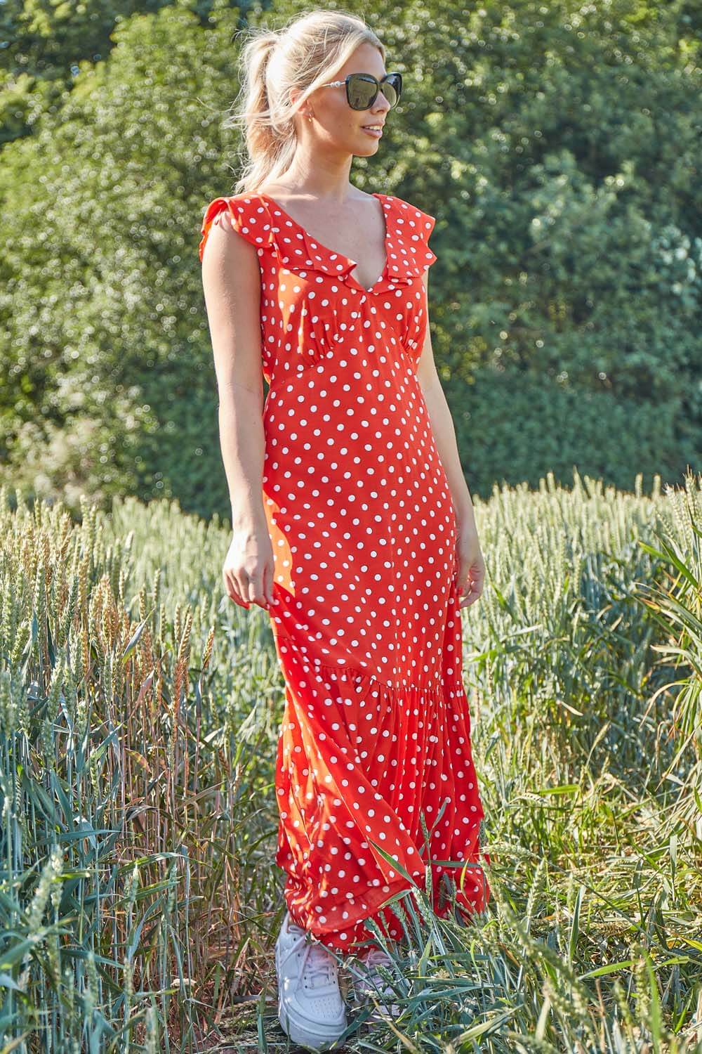 Red Polka Dot Frilly Midi Dress, Image 4 of 5