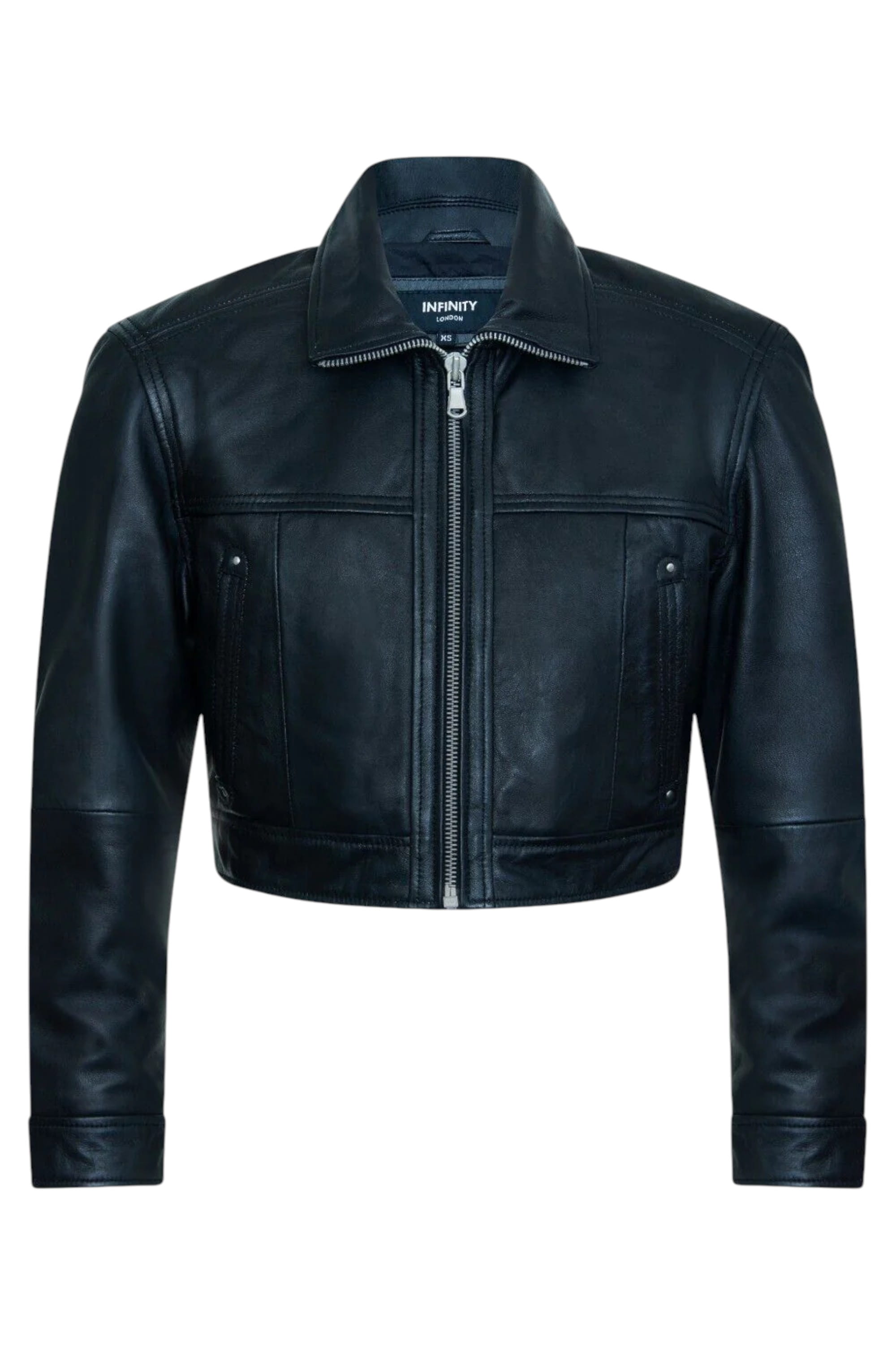 Black Womens Cropped Biker Leather Jacket, Image 1 of 4