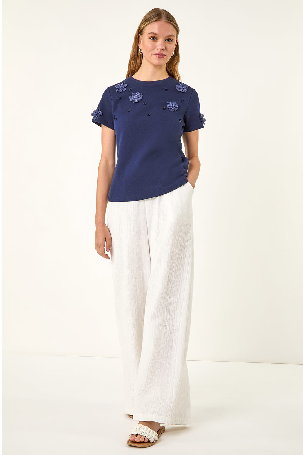 Petrol Blue Floral Applique T-shirt, Image 3 of 5