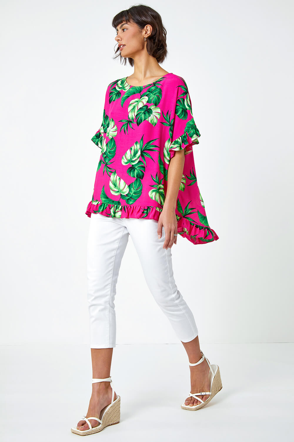 PINK Palm Print Frill Detail Oversized Top, Image 5 of 5