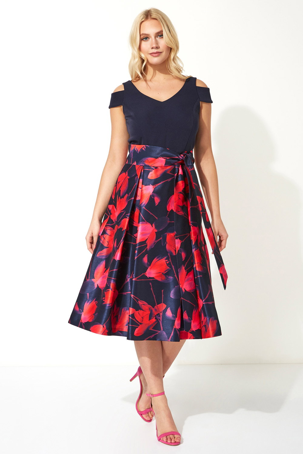 Navy Floral Print Cold Shoulder Midi Dress, Image 1 of 4