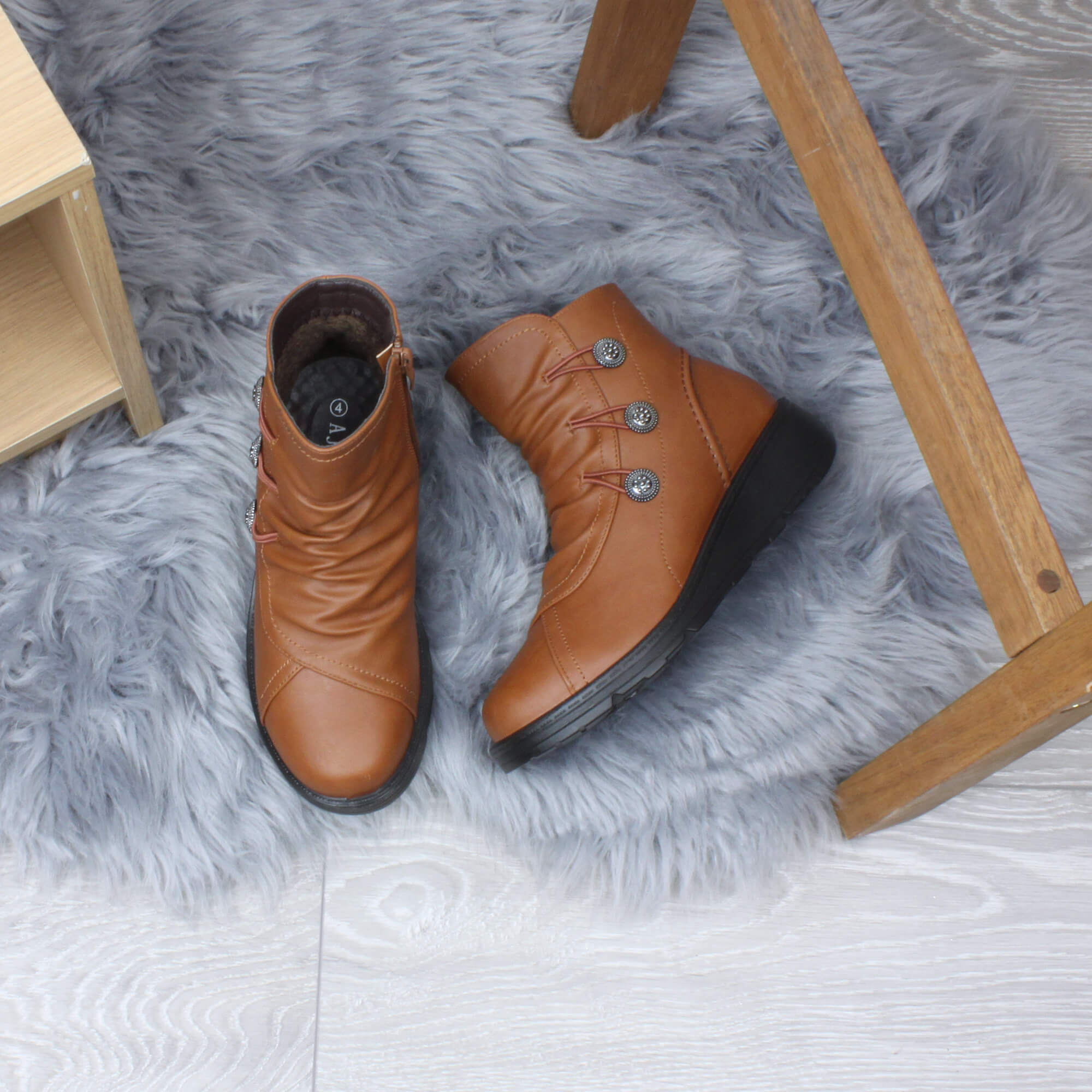 Tan AJVANI Tan Low Wedge Comfort Button Ankle Boots, Image 4 of 6