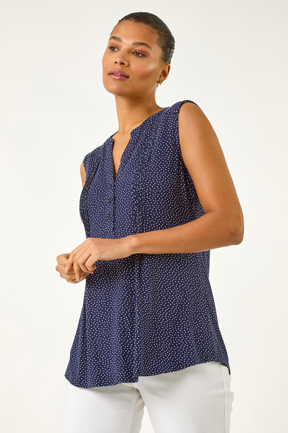 Navy Polka Dot Print Pintuck Vest, Image 5 of 5