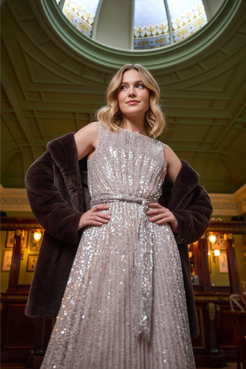 Silver Sequin Pleated Midi Dress, Image 9 of 8