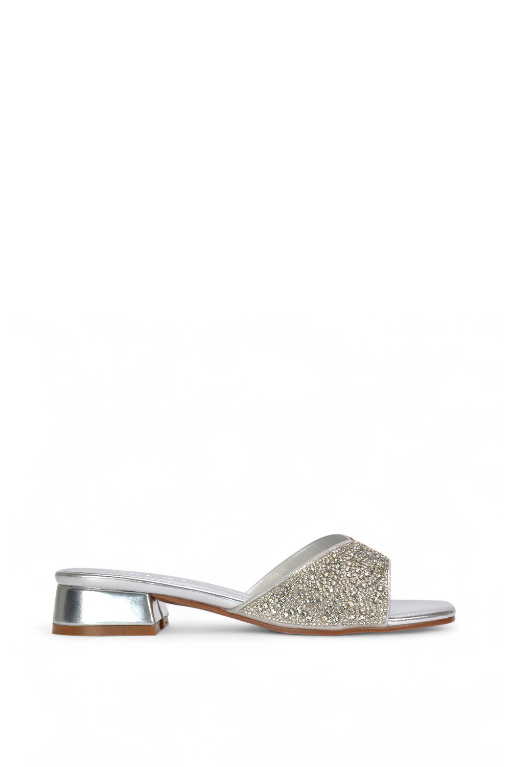 Silver XY LONDON Silver 'Seren' Low Heel Sandal Mules With Diamante Details, Image 1 of 6