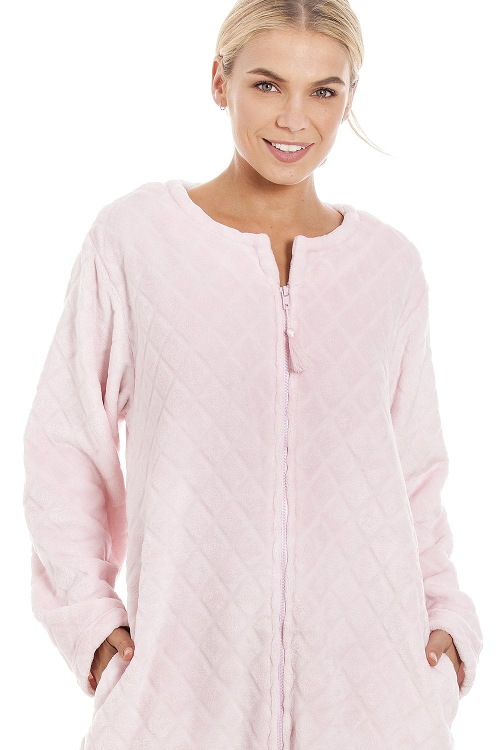 Light Pink Camille Lingerie Light Pink Supersoft Diamond Print Zip Up Housecoat, Image 5 of 5