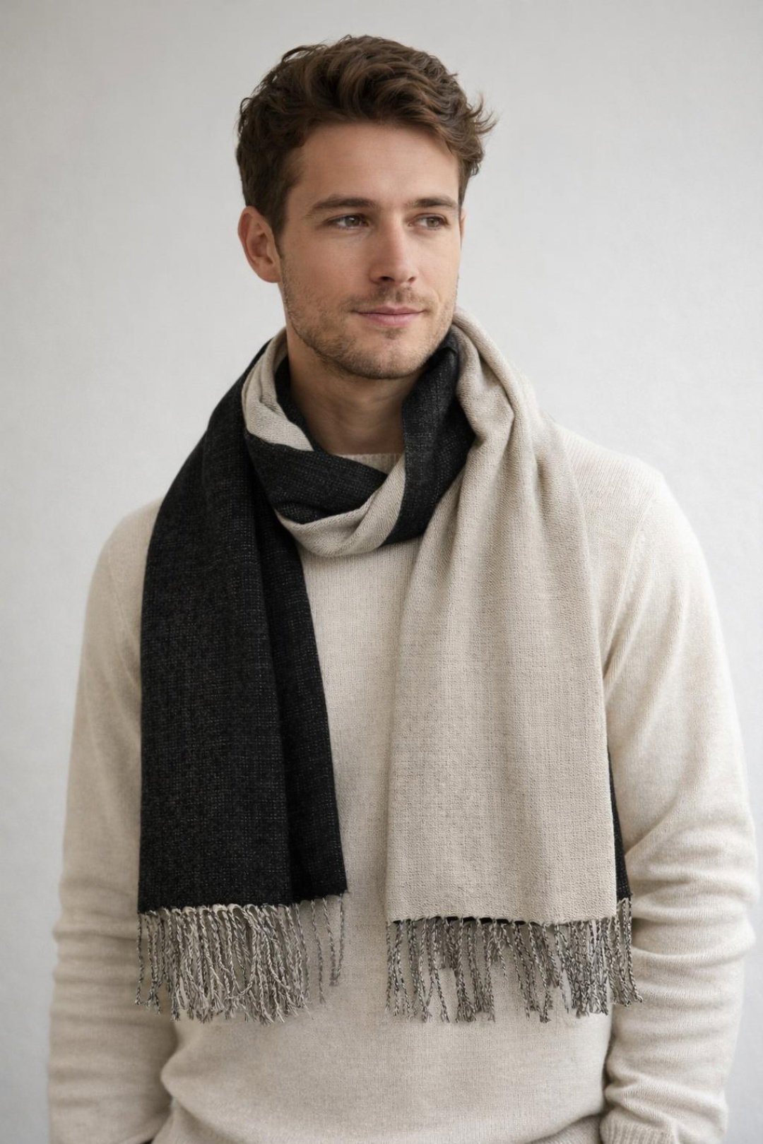 Black Reversible Two-Tone Cashmere Blend Scarf With Tassels, Image 3 of 4