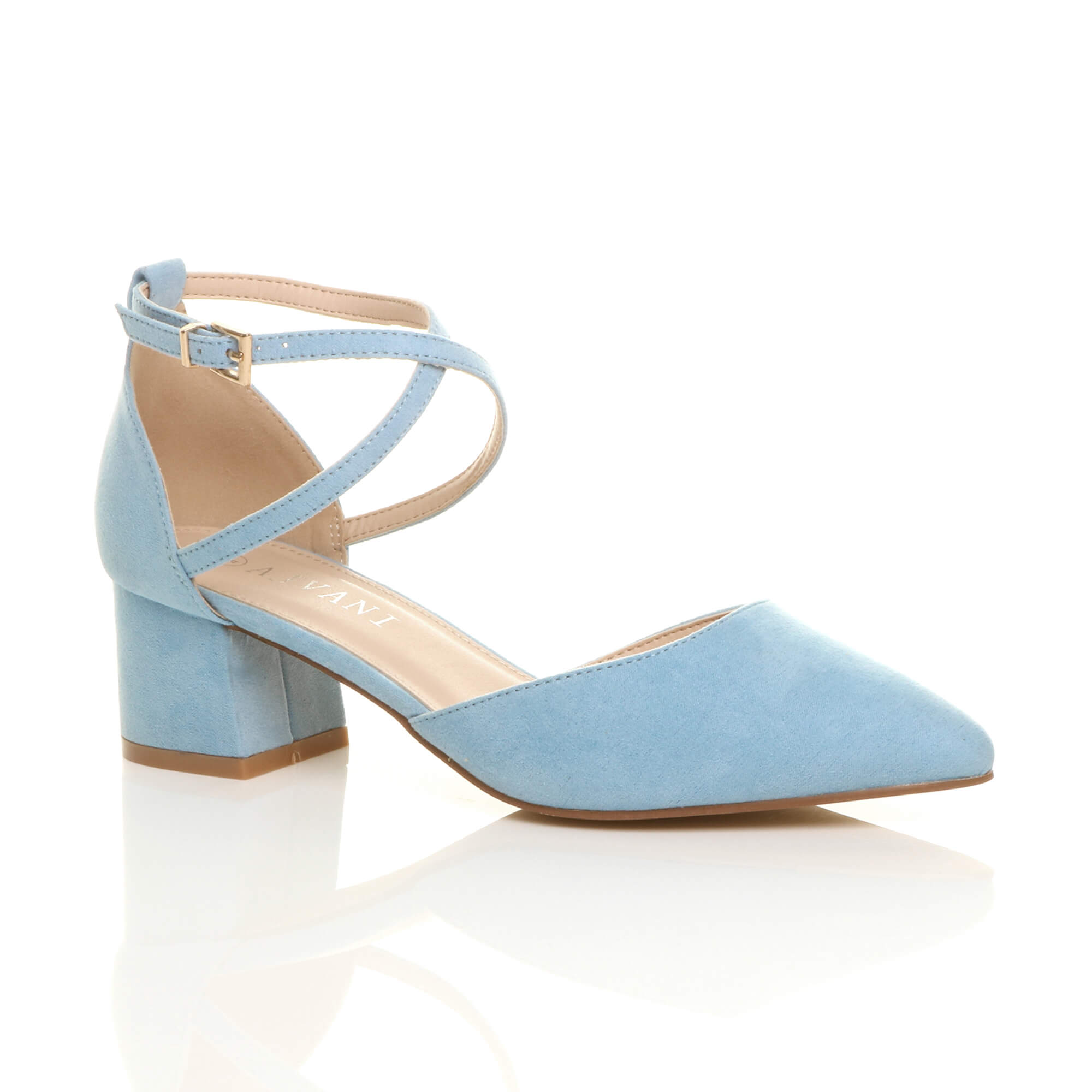 Light Blue AJVANI Light Blue Mid Block Heel Crossed Strap Pointed Toe 2 Part Heels, Image 1 of 6