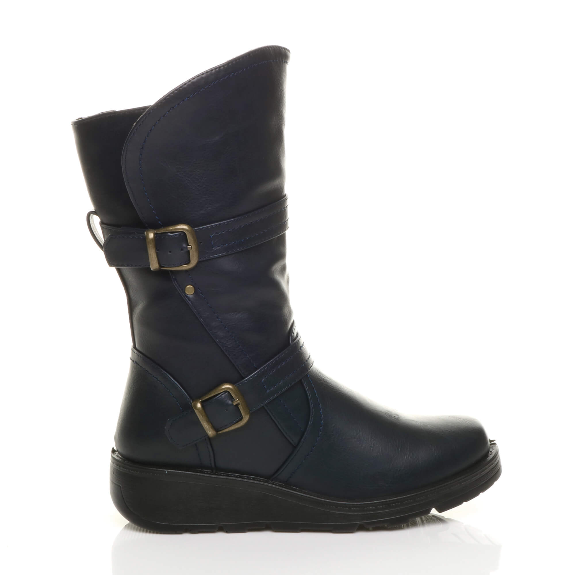 Navy Blue Low Wedge Heel Comfort Calf Biker Boots, Image 2 of 6
